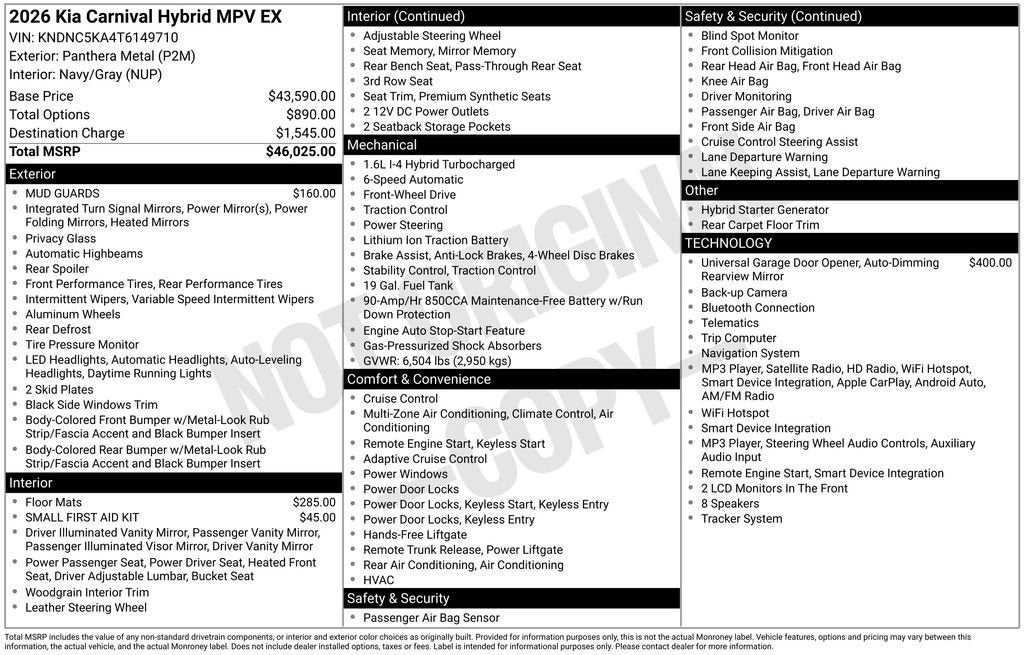 2026 Kia Carnival Hybrid EX