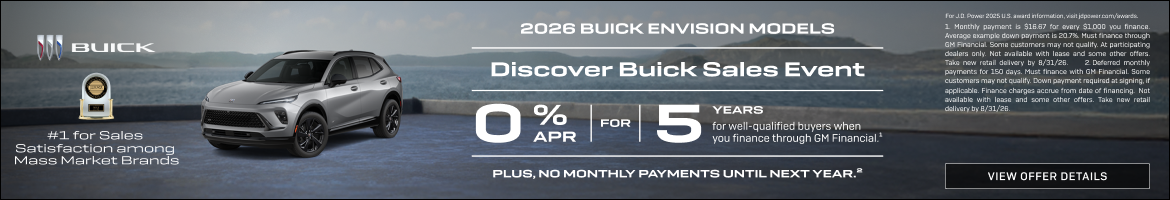 Discover Buick Sales Event

0% APR FOR 5 YEARS for well-qualified buyers when you finance through...