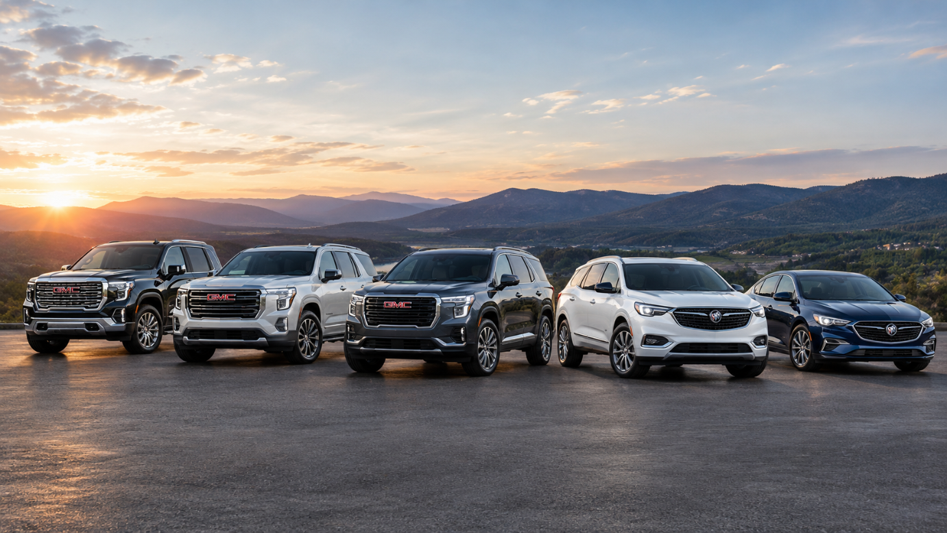 2027 GMC and Buick vehicle lineup featuring GMC trucks and SUVs alongside Buick SUVs and sedans in a scenic mountain setting at sunset